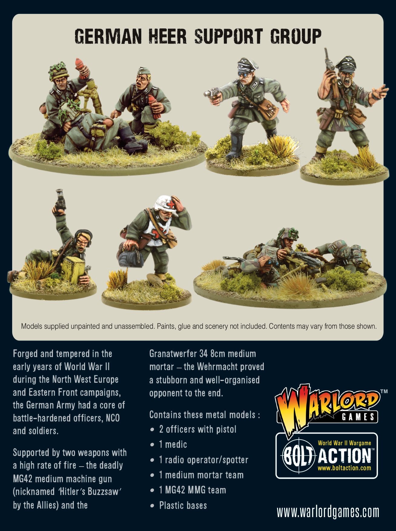 Bolt Action – German Afrika Korps Support Group – Figurines Métal 1/56, Non Peintes – HQ, Mitrailleuse, Mortier