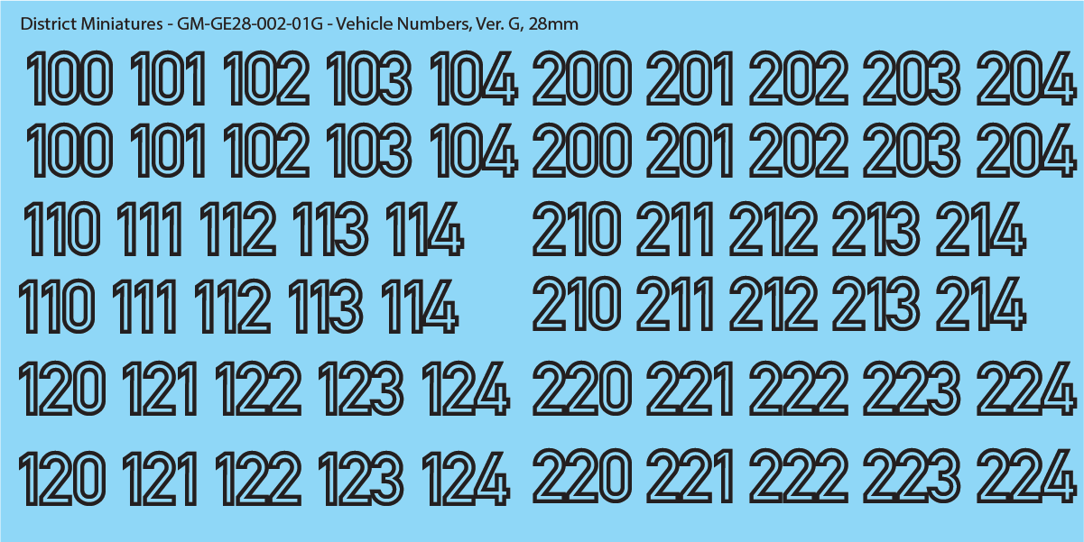 German Vehicle Numbers, 28mm Decals Version G: Black Outline