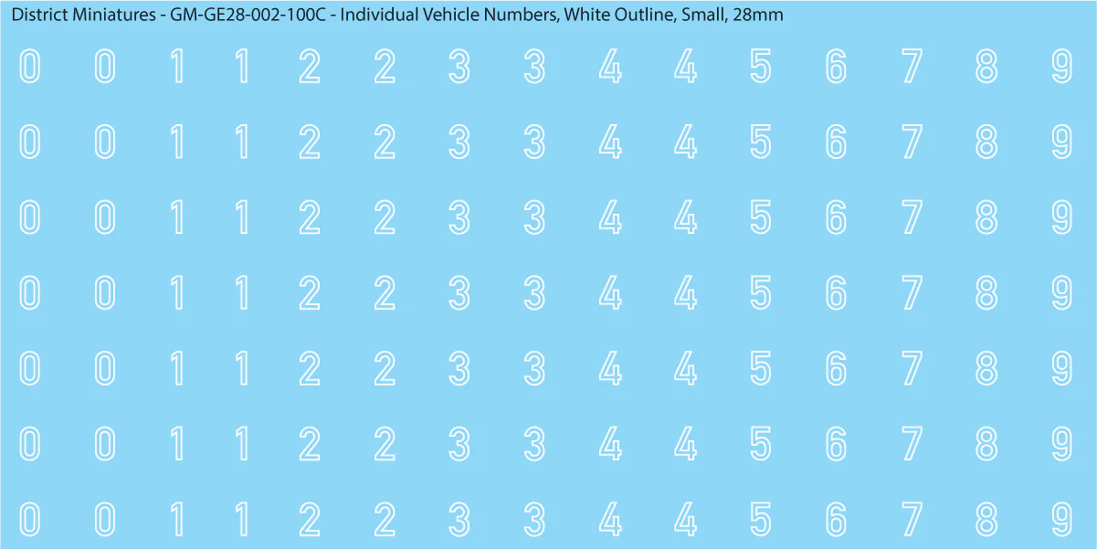 WW2 German - Individual Vehicle Numbers (Large and Small Options), 28mm White Outline (Small)