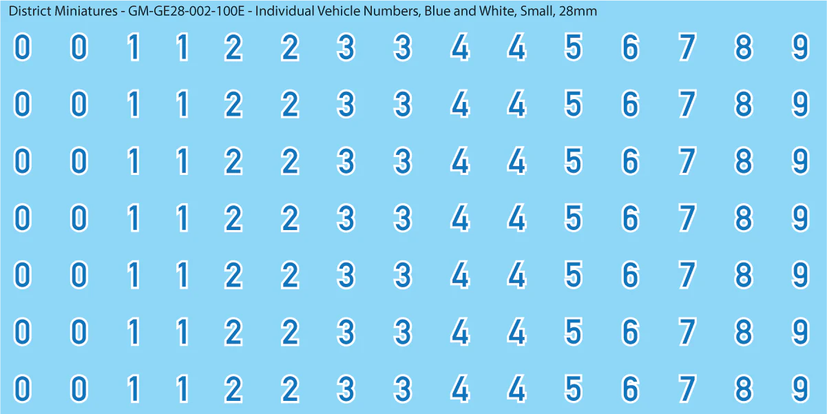 WW2 German - Individual Vehicle Numbers (Large and Small Options), 28mm Blue and White (Small)