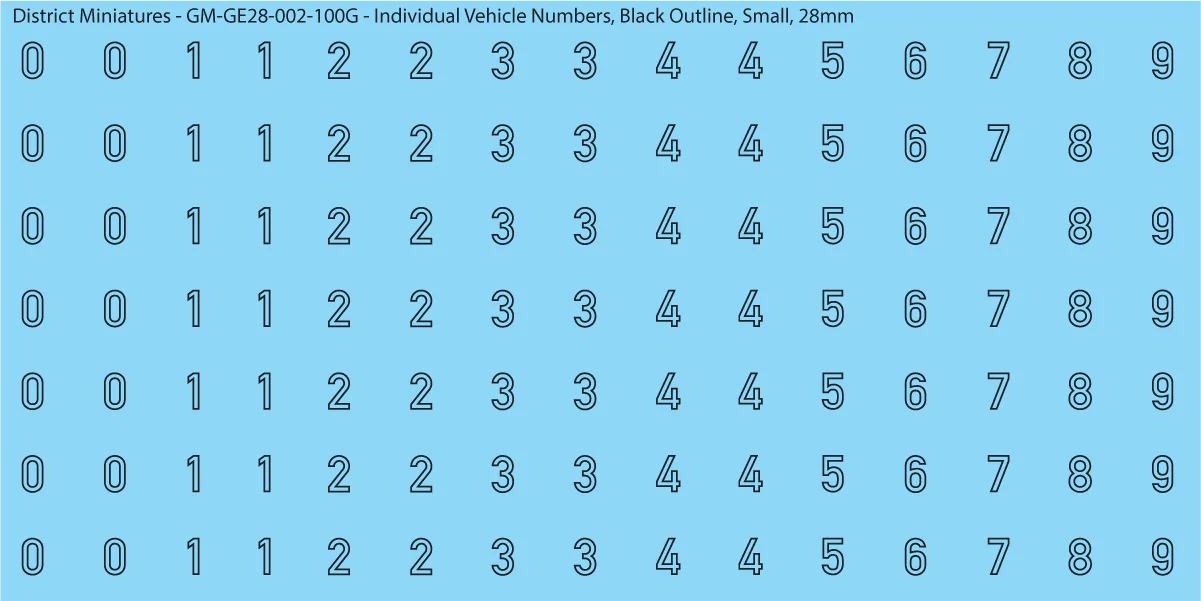 WW2 German - Individual Vehicle Numbers (Large and Small Options), 28mm Black Outline (Small)