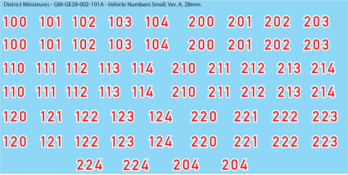 German Vehicle Numbers, 28mm Decals Version A Small: Red and White