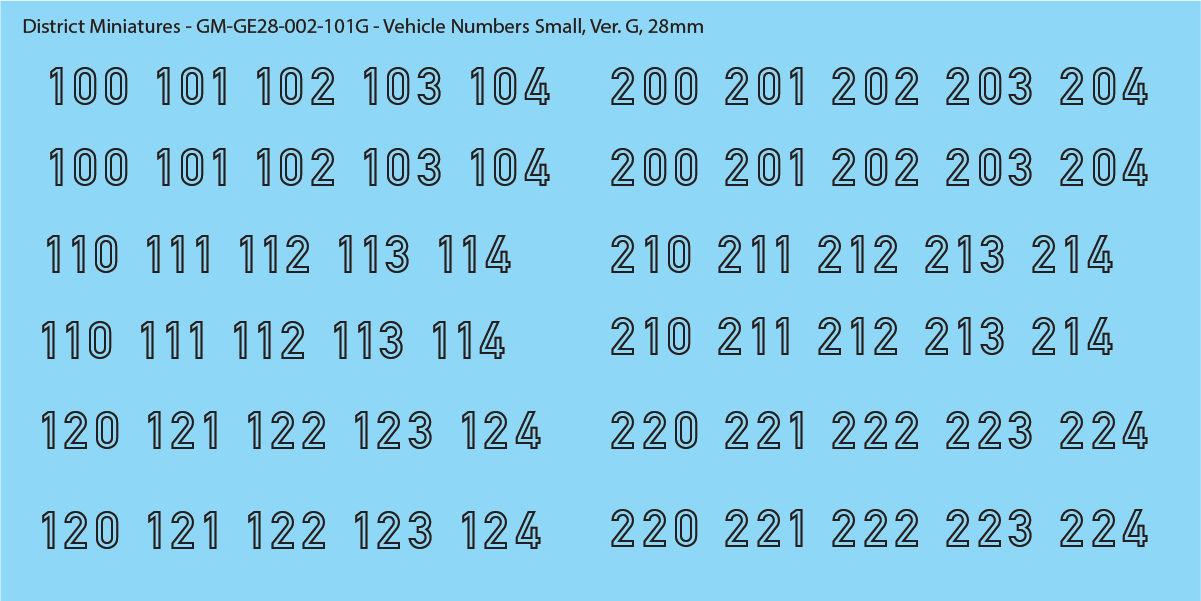 German Vehicle Numbers, 28mm Decals Version G Small: Black Outline
