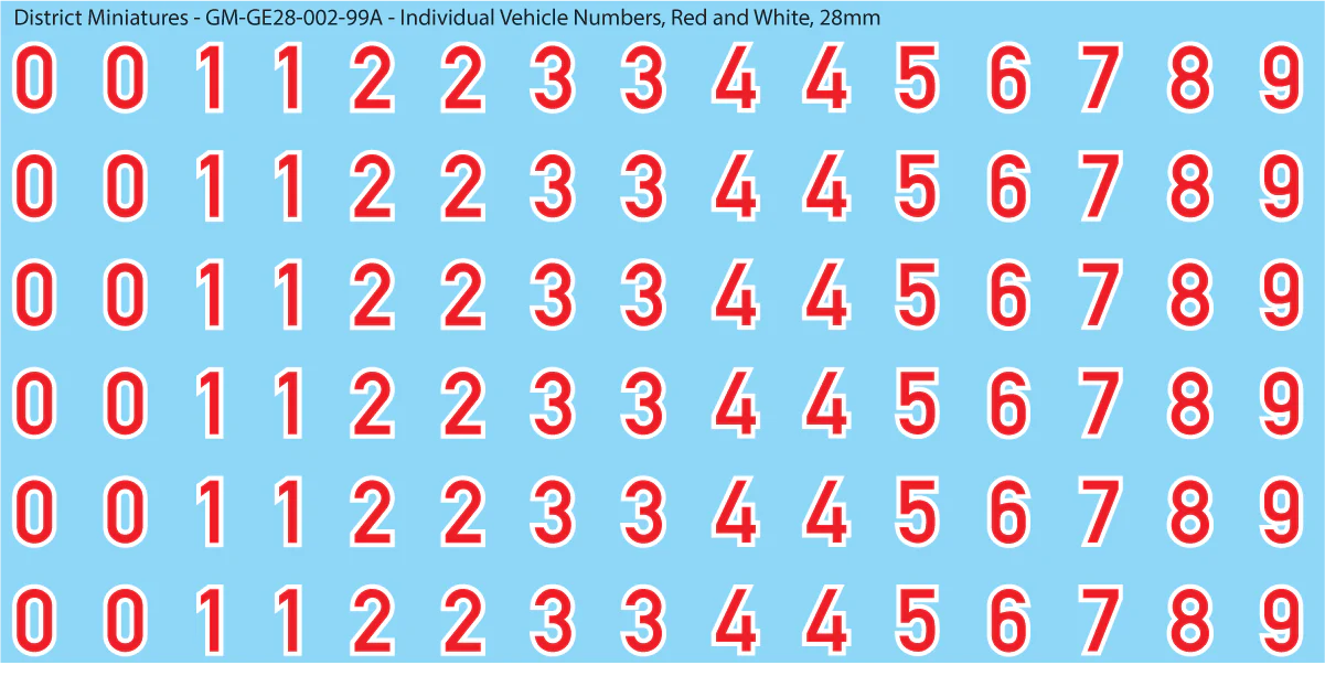WW2 German - Individual Vehicle Numbers (Large and Small Options), 28mm Red and White