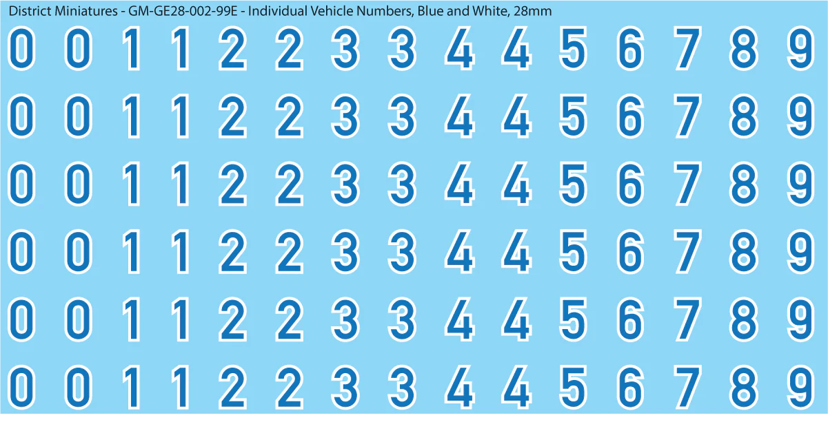 WW2 German - Individual Vehicle Numbers (Large and Small Options), 28mm Blue and White