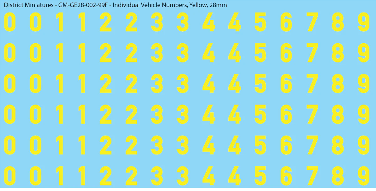 WW2 German - Individual Vehicle Numbers (Large and Small Options), 28mm Yellow