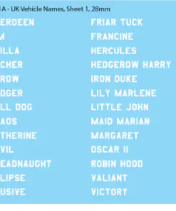 WW2 British - UK Vehicle Names, Sheet 1, 28mm