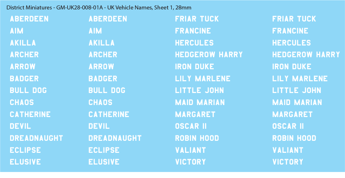 WW2 British - UK Vehicle Names, Sheet 1, 28mm