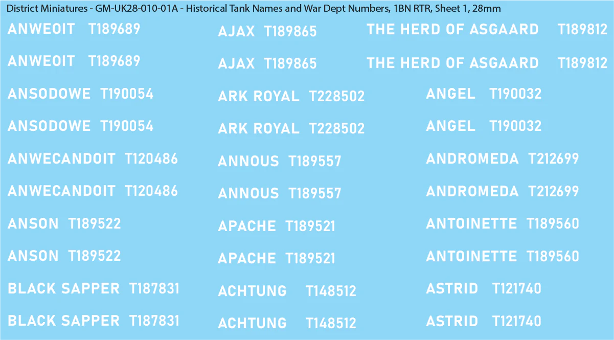 WW2 British - UK Historical Tank Names and War Dept Numbers, 1Bn RTR, 28mm Decals sheet 1