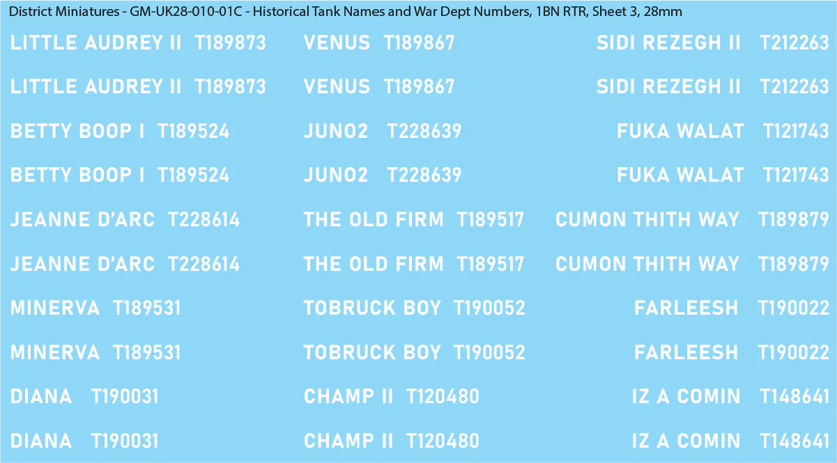 WW2 British - UK Historical Tank Names and War Dept Numbers, 1Bn RTR, 28mm Decals Sheet 3