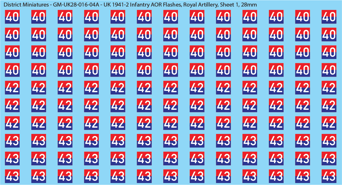 WW2 British - UK 1941-2 Infantry AOR Flashes, 28mm Decals Royal Artillery Sheet 1