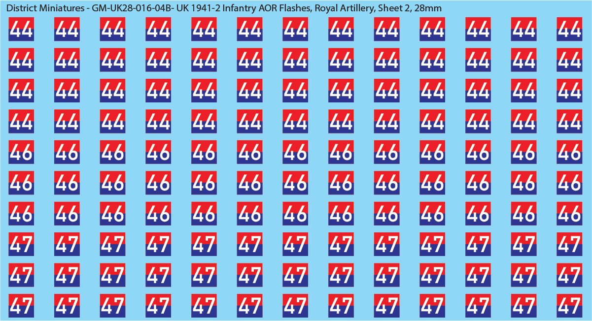 WW2 British - UK 1941-2 Infantry AOR Flashes, 28mm Decals Royal Artillery Sheet 2