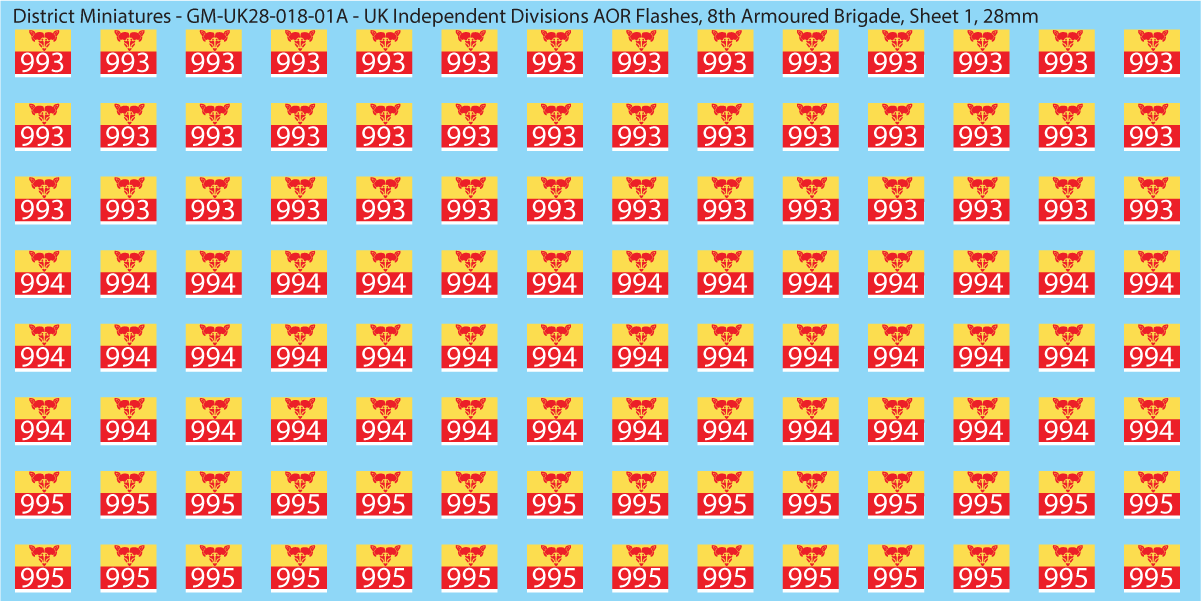 WW2 British - UK Independent Divisions AOR Flashes, 28mm Decals Sheet A: 8th Armoured Division Sheet 1