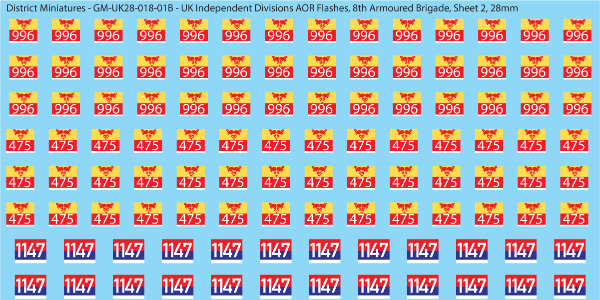 WW2 British - UK Independent Divisions AOR Flashes, 28mm Decals Sheet B: 8th Armoured Division Sheet 2
