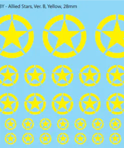 WW2 US and Allied Stars, 28mm Decals Version B: Star with Notched Circle (Yellow)