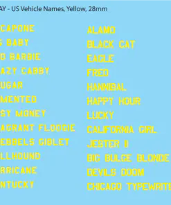 WW2 US Vehicle Names, 28mm Decals Version A: Vehicle Names Sheet #1 (Yellow)