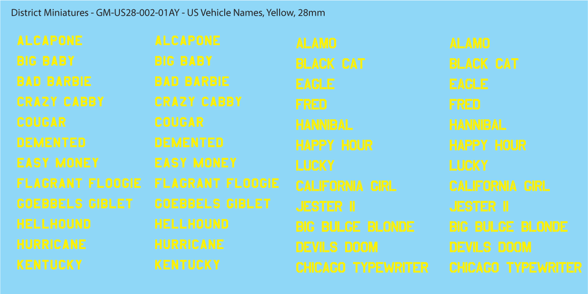 WW2 US Vehicle Names, 28mm Decals Version A: Vehicle Names Sheet #1 (Yellow)
