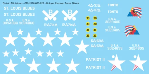 WW2 US Unique Sherman Tanks, 28mm Decals Version A: St. Louis Blues, Tonto, Patriot II