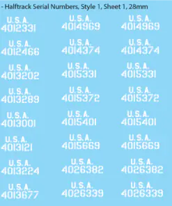 WW2 US Halftrack Vehicle Numbers, 28mm Decals Style 1: USA on Top of Numbers (White)