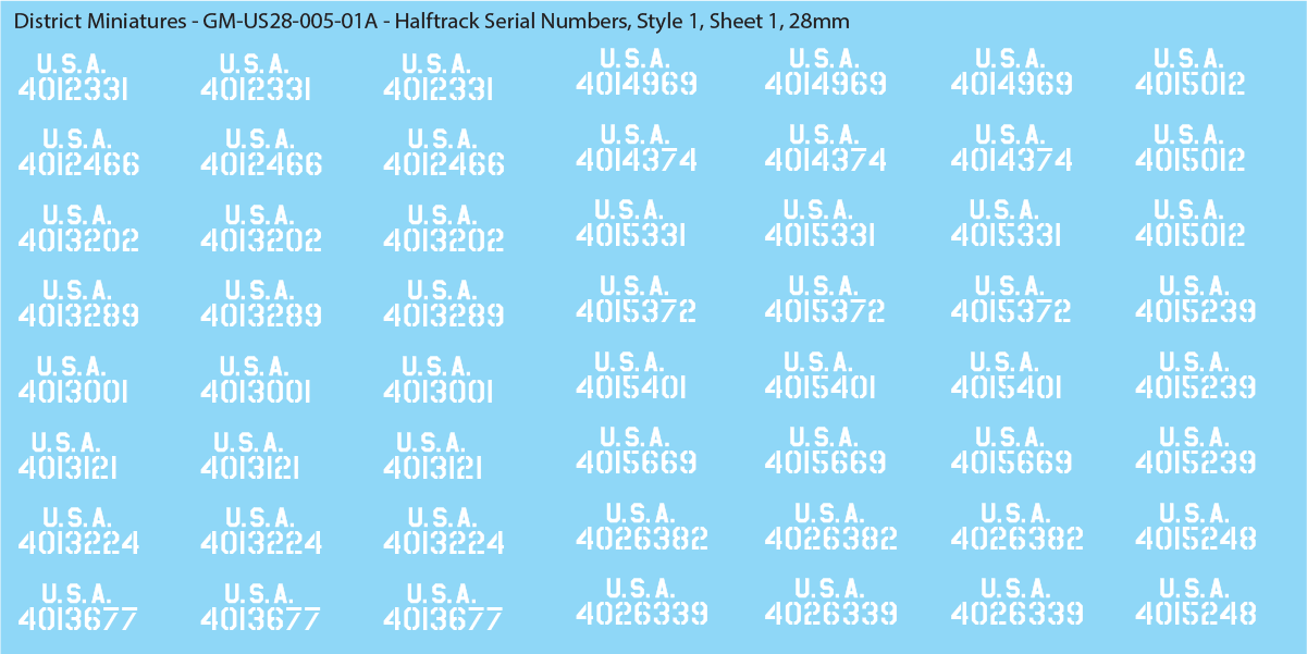 WW2 US Halftrack Vehicle Numbers, 28mm Decals Style 1: USA on Top of Numbers (White)