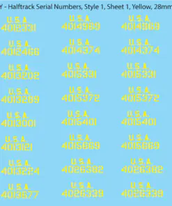WW2 US Halftrack Vehicle Numbers, 28mm Decals Style 1: USA on Top of Numbers (Yellow)