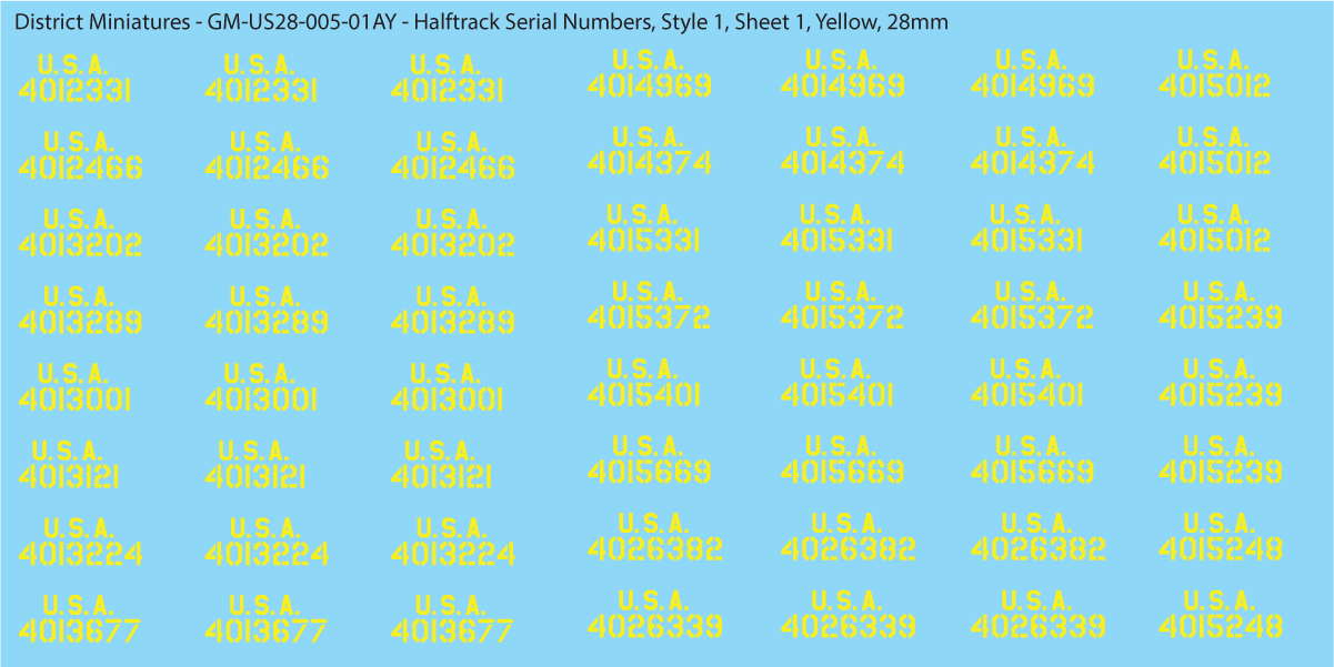 WW2 US Halftrack Vehicle Numbers, 28mm Decals Style 1: USA on Top of Numbers (Yellow)