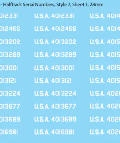 WW2 US Halftrack Vehicle Numbers, 28mm Decals Style 2: USA alongside Numbers (White)