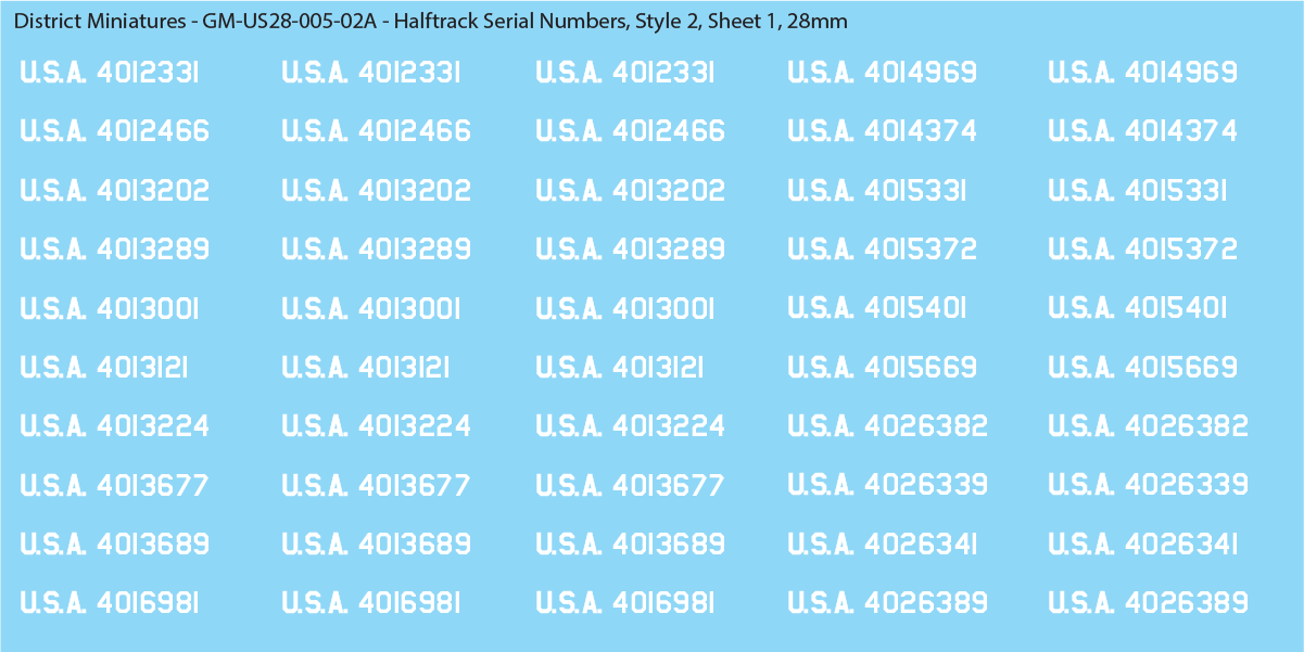 WW2 US Halftrack Vehicle Numbers, 28mm Decals Style 2: USA alongside Numbers (White)