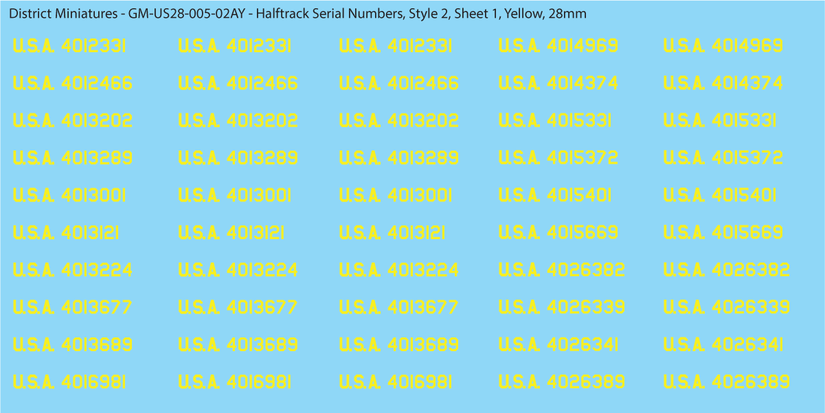 WW2 US Halftrack Vehicle Numbers, 28mm Decals Style 2: USA alongside Numbers (Yellow)