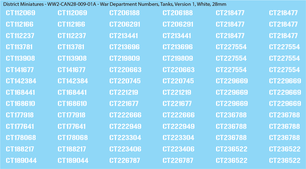 WW2 Canada - Canadian War Dept Numbers, Tanks, Sheet 1: White