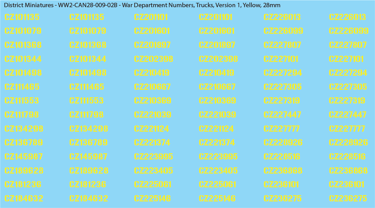 WW2 Canada - Canadian War Dept Numbers, Trucks, Sheet 1: Yellow