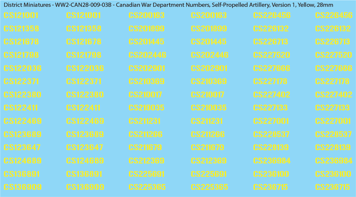 WW2 Canada - Canadian War Dept Numbers, Self-Propelled Artillery, Sheet 1: Yellow
