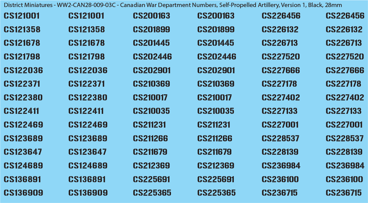 WW2 Canada - Canadian War Dept Numbers, Self-Propelled Artillery, Sheet 1: Black