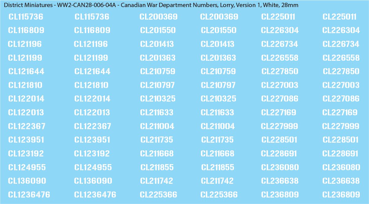 WW2 Canada - Canadian War Dept Numbers, Lorry, Sheet 1: White