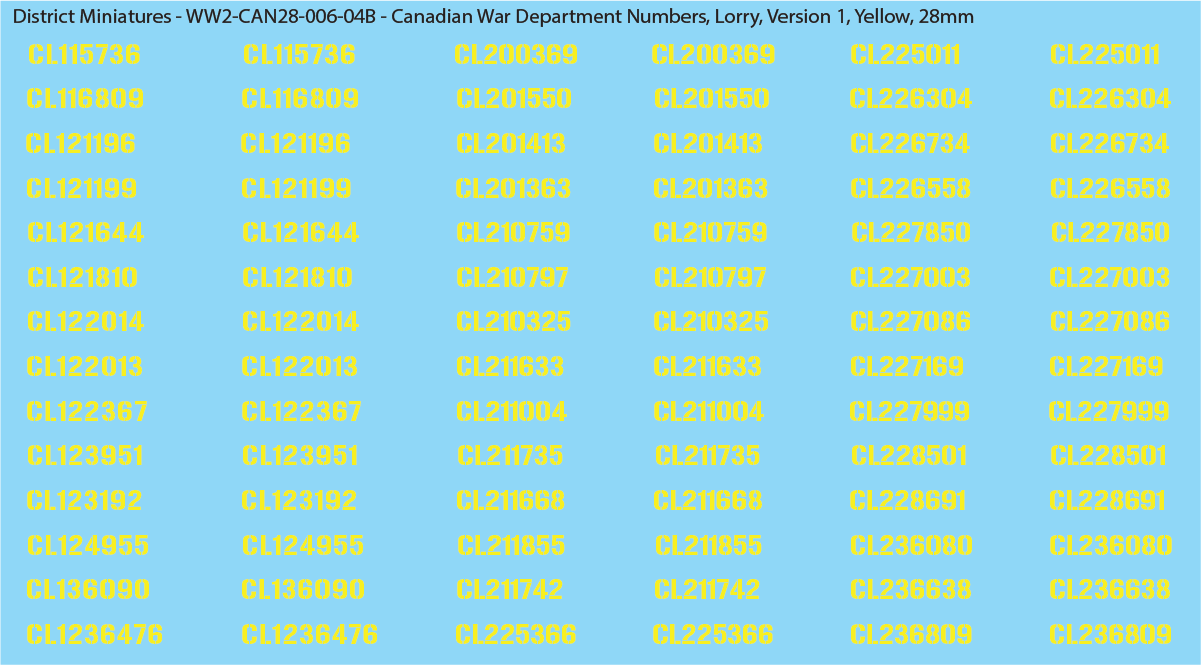 WW2 Canada - Canadian War Dept Numbers, Lorry, Sheet 1: Yellow