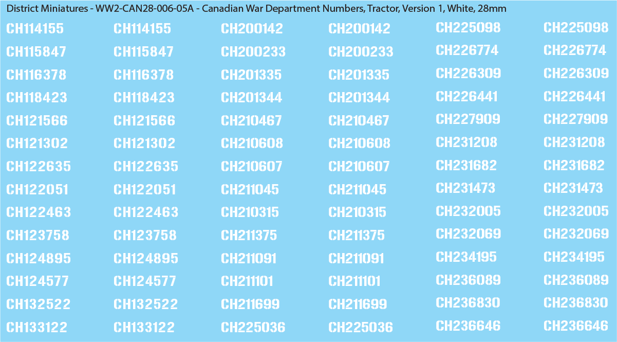 WW2 Canada - Canadian War Dept Numbers, Tractor, Sheet 1: White