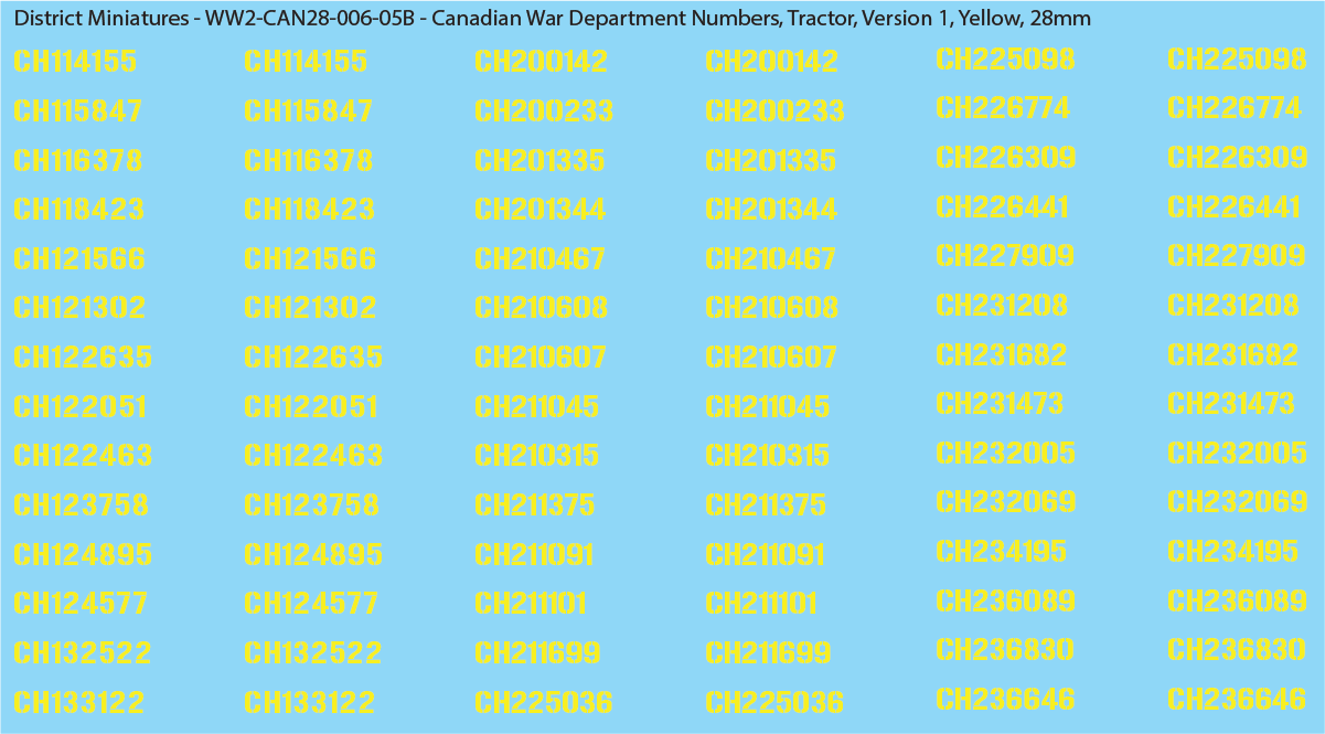 WW2 Canada - Canadian War Dept Numbers, Tractor, Sheet 1: Yellow