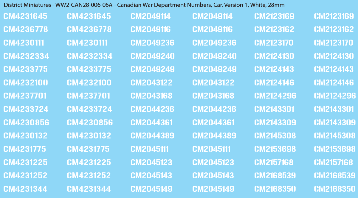 WW2 Canada - Canadian War Dept Numbers, Car, Sheet 1: White