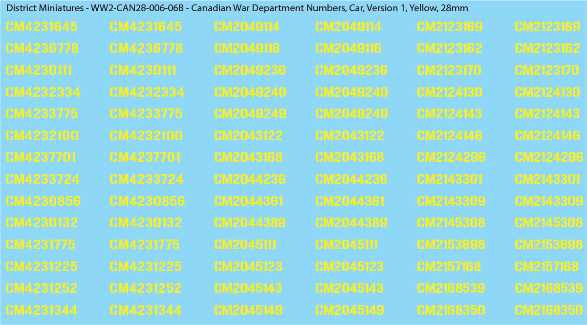 WW2 Canada - Canadian War Dept Numbers, Car, Sheet 1: Yellow
