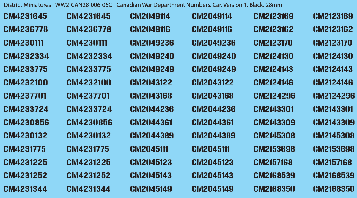 WW2 Canada - Canadian War Dept Numbers, Car, Sheet 1: Black