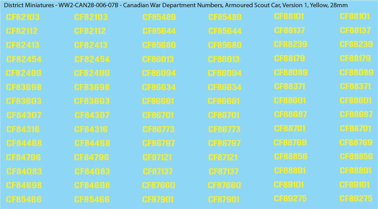 WW2 Canada - Canadian War Dept Numbers, Armoured Scout Car, Sheet 1: Yellow