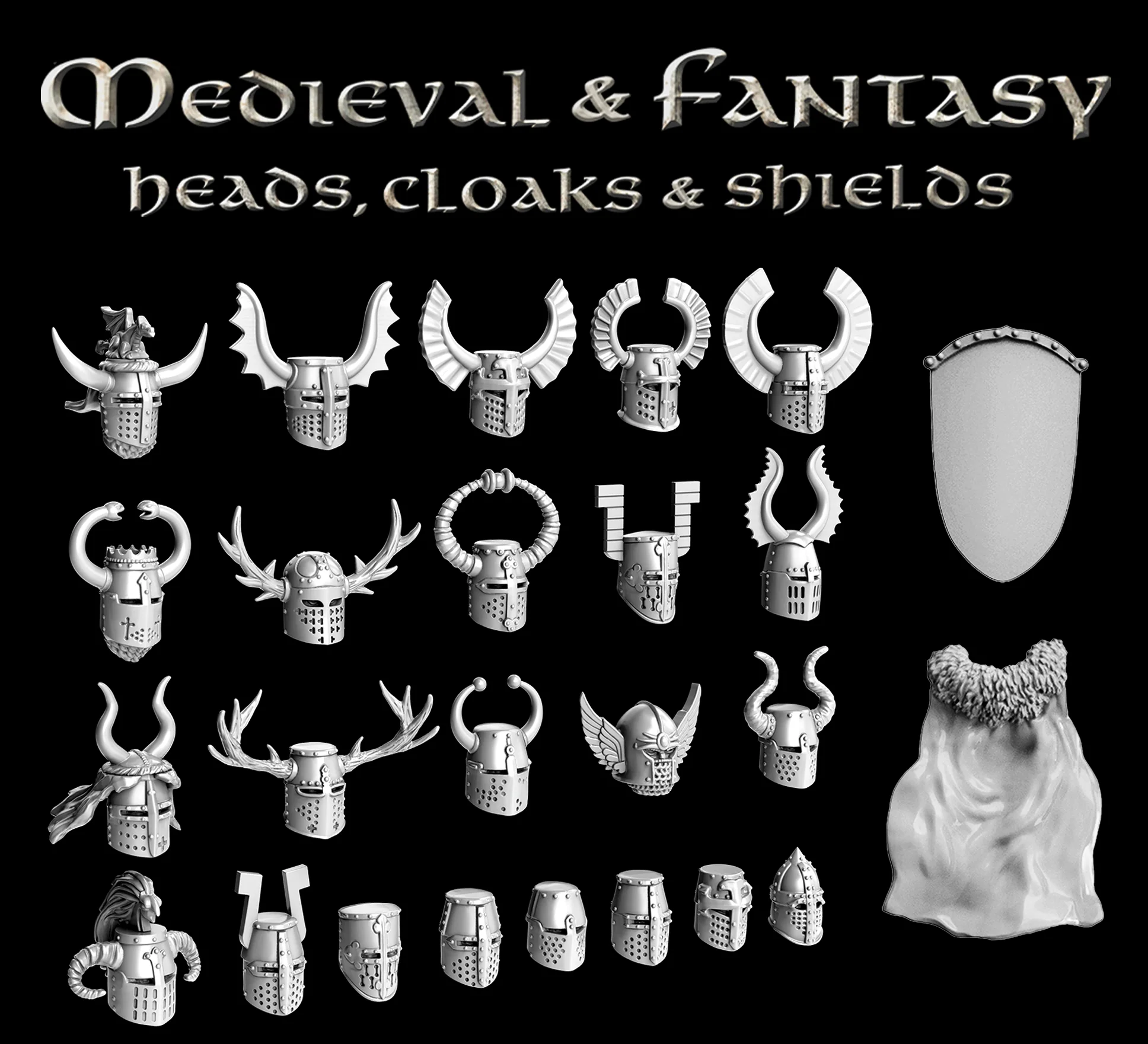 Medieval & Fantasy Heads, Cloaks & Shields - Image 4