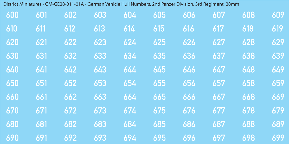 WW2 German - Extremely Small Hull Numbers, Solid White, (Multiple Options), 28mm  Solid White (600)