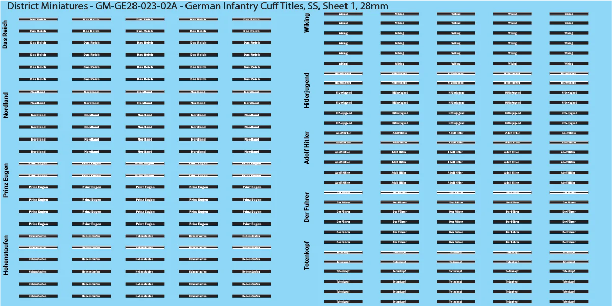 WW2 German - German Infantry Cuff Titles (Multiple Options), 28mm SS (Sheet 1)