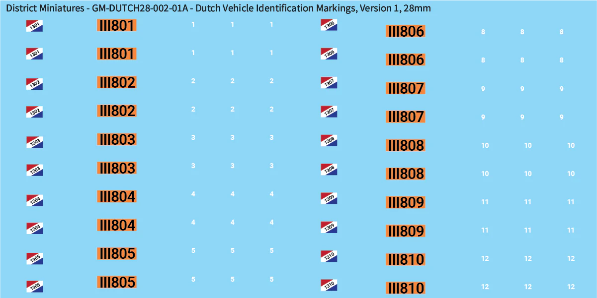 WW2 Dutch - Dutch Vehicle Identification Markings, Sheet 1, 28mm