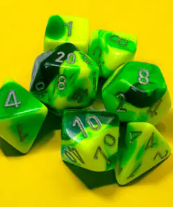 Alternative view of Gemini Green-Yellow/silver Polyhedral 7-Dice Set