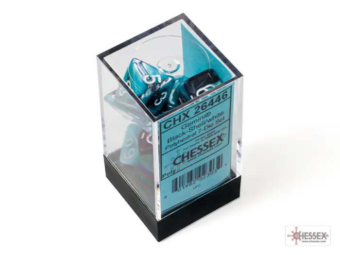 Gemini Black-Shell/white Polyhedral 7-Dice Set