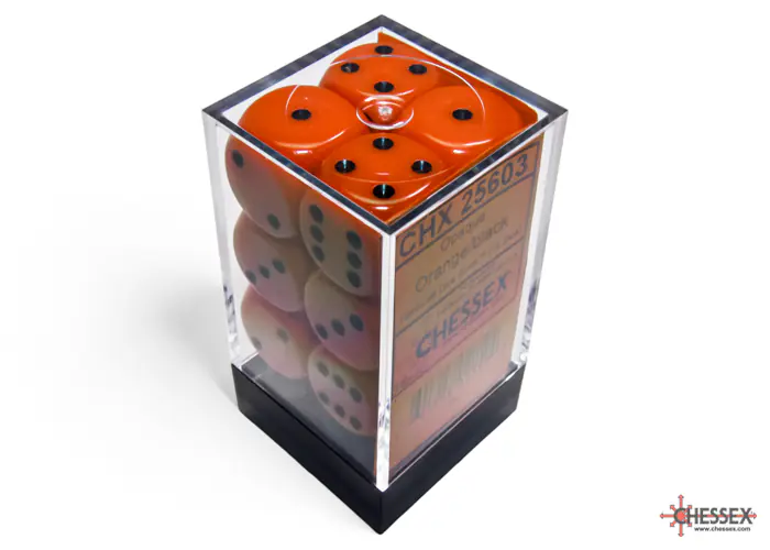Opaque Orange/black 16mm d6 Dice Block (12 dice)