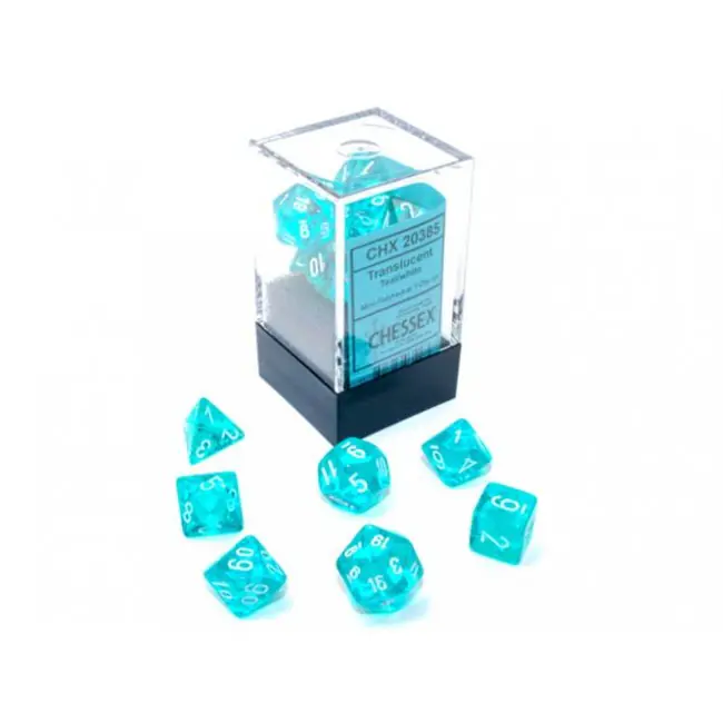 Translucent Mini-Polyhedral Teal/white Dice Set (7)